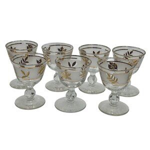 Vtg Libbey Starlyte Frosted Glass Gold Leaves Champagne Martini Glasses 7 pc MCM